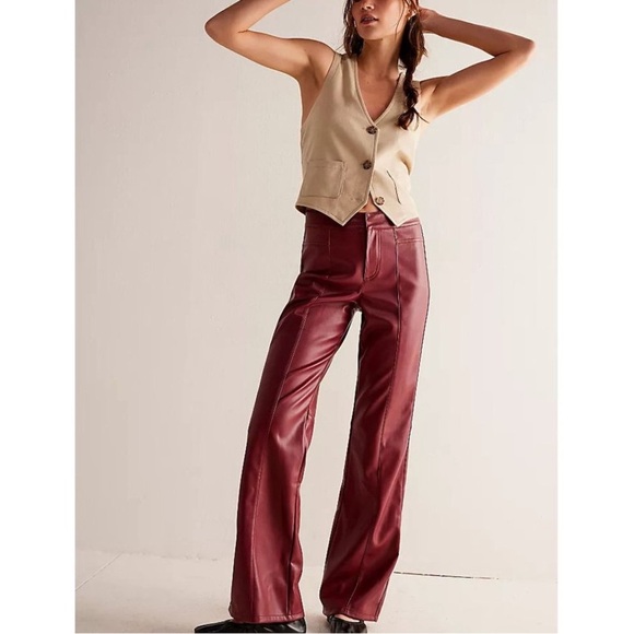 Free People Uptown High Rise Faux Leather Bootcut Pants in Mulberries Sz 4 NWOT - Picture 1 of 12